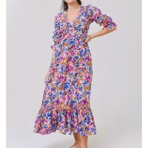 Banjanan Floral Print Maxi V-Neck Dress Audree Ruffle Trim Blue Pink Brown 3/4 S